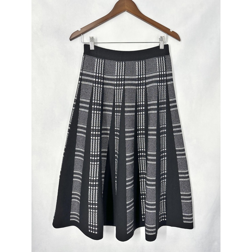 D. Exterior Wool Cashmere Plaid Black & White Knit Pleated Midi Skirt Size Small